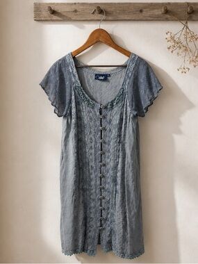 Cofinl XXL Blue Embroidered Button Front Maxi Dress Boho Lagenlook Cottagecore